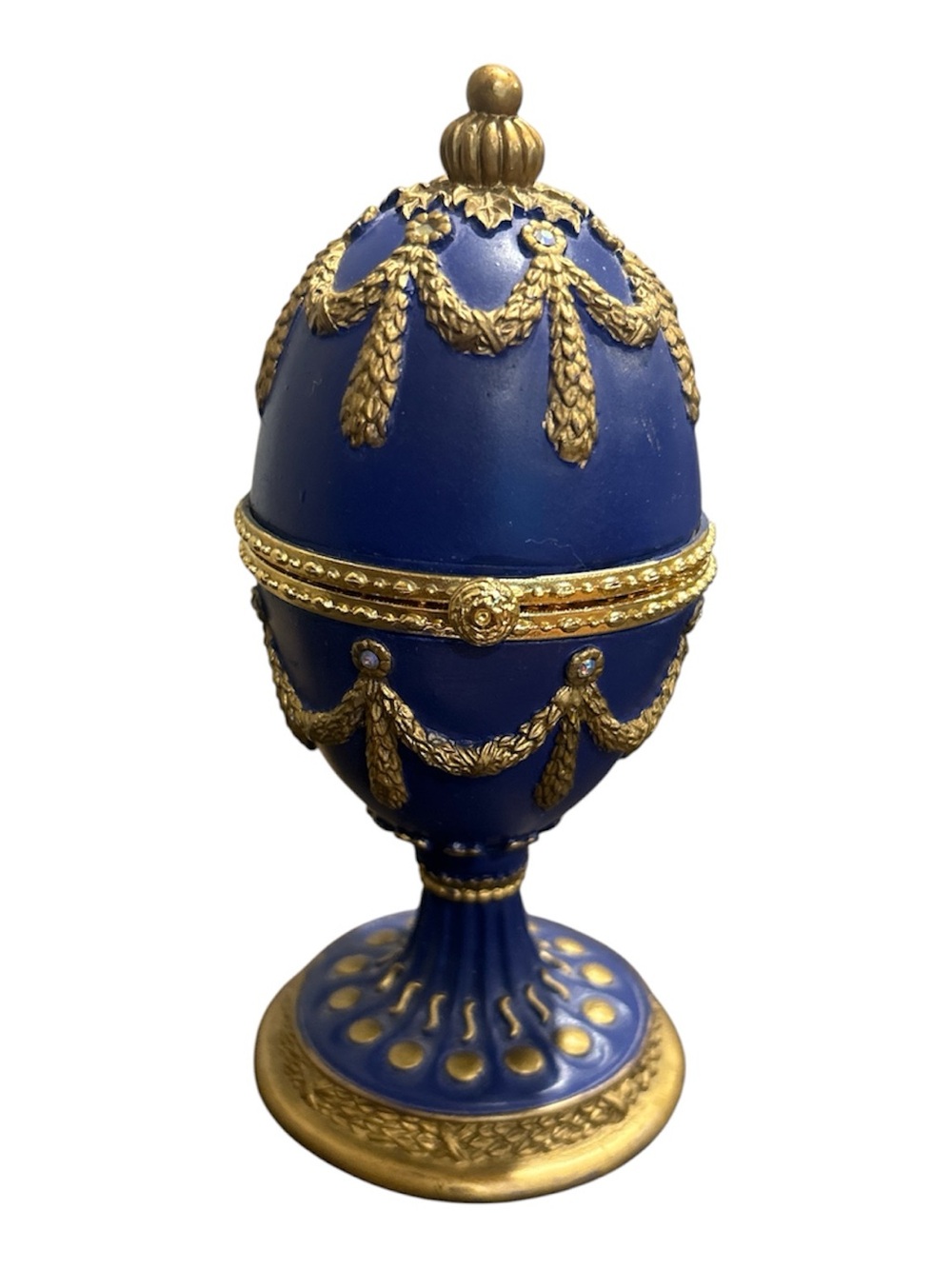 Vintage Sankyo Ornate Blue & Gold Musical Egg Trinket Box – Works Perfectly!